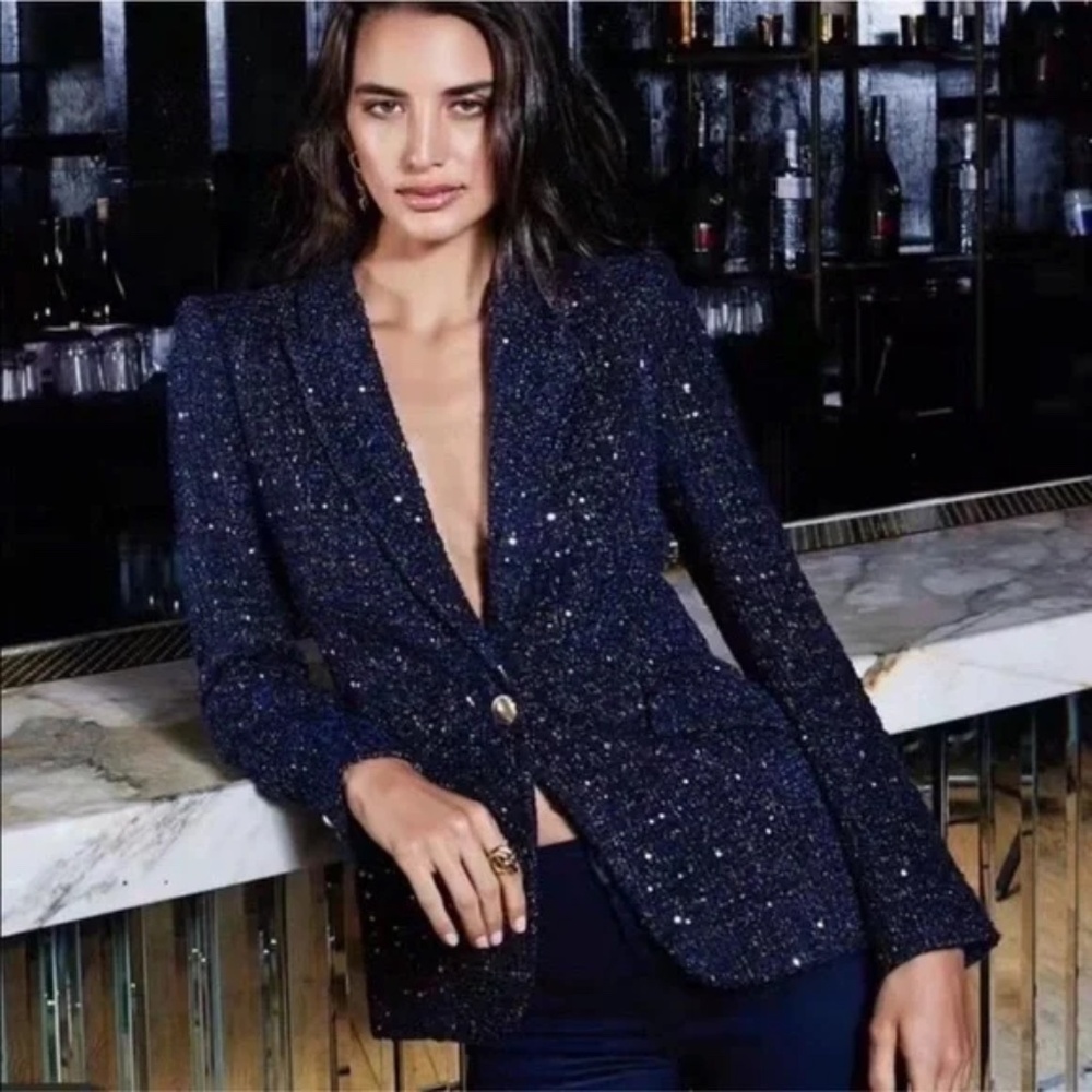 NWT Womens L'Agence Navy Blue, Gold Metallic Tweed Blazer 8